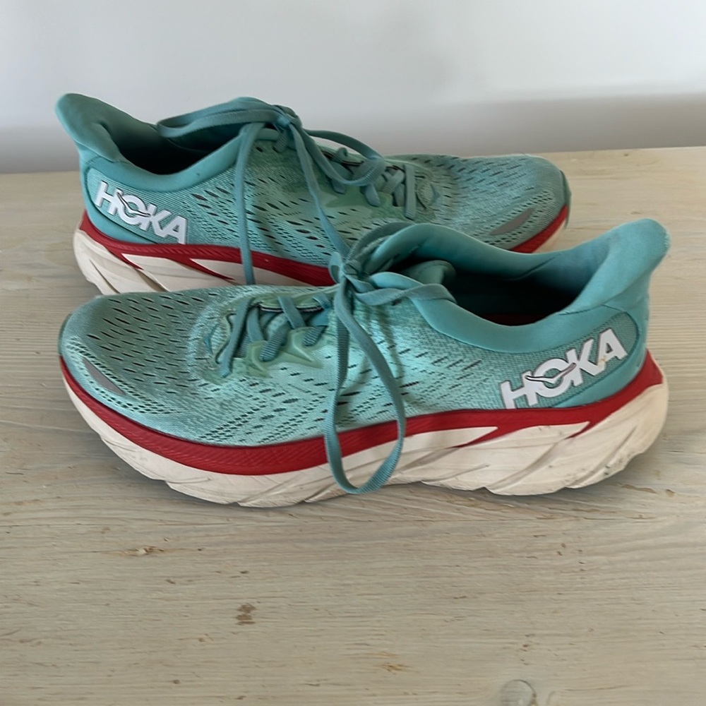 Hoka athletic shoes size 9B aqua and red